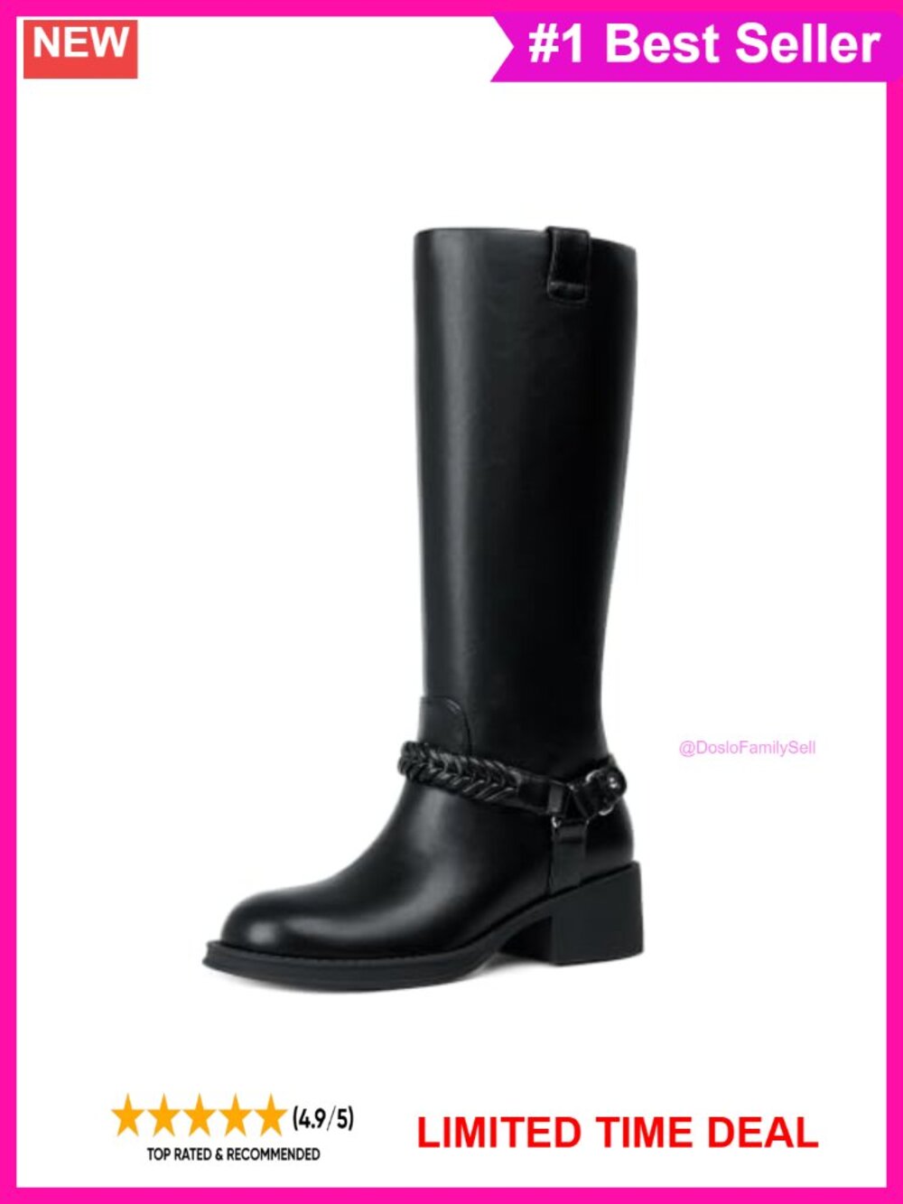 Knee High Boots Chunky Block Heel Braided Strap Faux Leather